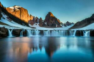 il sole imposta al di sopra di un' cascata nel il montagne. ai-generato foto