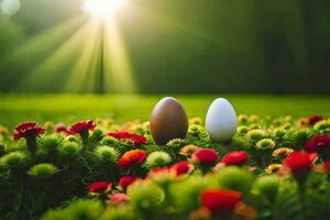 Due uova nel il erba con sole splendente attraverso. ai-generato foto