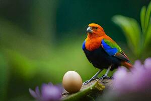 un' colorato uccello si siede su un' ramo con un uovo. ai-generato foto