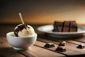 cioccolato ghiaccio crema nel un' ciotola con cioccolato pezzi. ai-generato foto