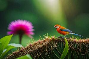un' colorato uccello si siede su superiore di un' cactus. ai-generato foto