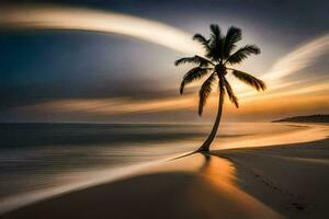 un' palma albero sta solo su un' spiaggia a tramonto. ai-generato foto