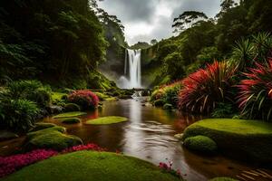 il cascata è circondato di lussureggiante verde vegetazione e fiori. ai-generato foto