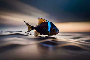 un' pesce con blu e giallo strisce su suo corpo. ai-generato foto