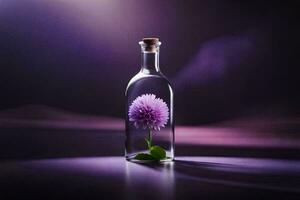 un' viola fiore nel un' bottiglia su un' buio sfondo. ai-generato foto