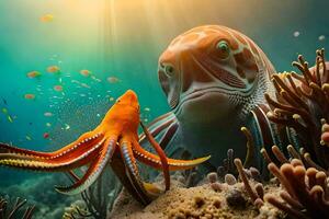 un polpo e un polpo siamo nuoto nel il oceano. ai-generato foto