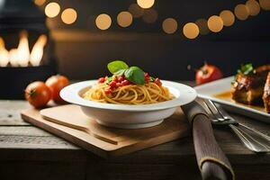 spaghetti e Polpette nel un' ciotola. ai-generato foto