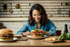 un' donna sorrisi mentre mangiare un' Hamburger. ai-generato foto