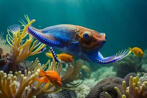 un' blu pesce nuoto al di sopra di corallo scogliere. ai-generato foto