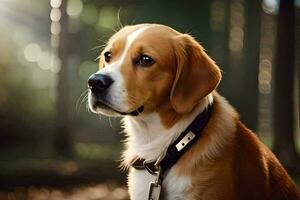 un' cane indossare un' collare nel il boschi. ai-generato foto