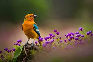 un' colorato uccello è in piedi su superiore di viola fiori. ai-generato foto
