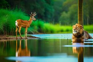 un' Leone e un' cervo nel il acqua. ai-generato foto