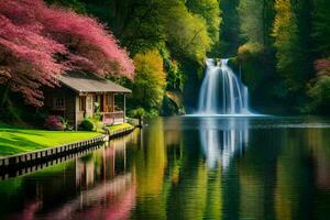 un' piccolo cabina si siede su il bordo di un' lago con un' cascata. ai-generato foto