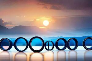 un' gruppo di circolare anelli siamo disposte nel davanti di un' tramonto. ai-generato foto