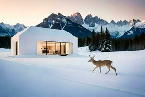 un' cervo passeggiate nel davanti di un' bianca Casa nel il neve. ai-generato foto