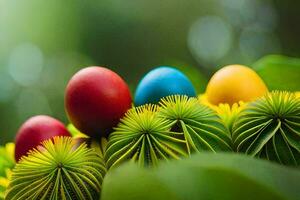 colorato Pasqua uova siamo seduta su superiore di verde le foglie. ai-generato foto