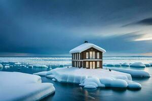 un' Casa su un iceberg nel il mezzo di il oceano. ai-generato foto