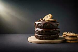 cioccolato torta con biscotti su un' buio sfondo. ai-generato foto