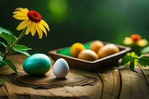 Pasqua uova e fiori su un' di legno tavolo. ai-generato foto