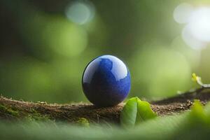 un' blu uovo seduta su un' ramo nel il foresta. ai-generato foto