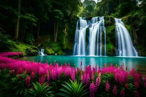 bellissimo cascata nel il giungla con rosa fiori. ai-generato foto