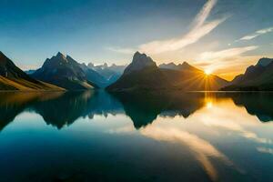 il sole sorge al di sopra di montagne e acqua nel il mezzo di un' lago. ai-generato foto