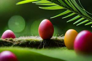 colorato Pasqua uova siamo seduta su un' ramo. ai-generato foto
