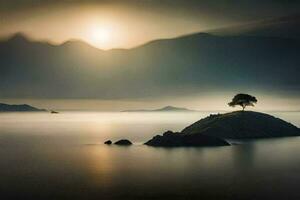 un' solitario albero su un isola nel il mezzo di il oceano. ai-generato foto