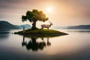 foto sfondo il cielo, alberi, cervo, lago, acqua, tramonto, il lago, il. ai-generato