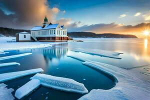 un' Chiesa si siede su il riva di un' congelato lago. ai-generato foto
