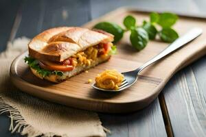 un' Sandwich con pomodoro, lattuga e formaggio su un' di legno taglio tavola. ai-generato foto