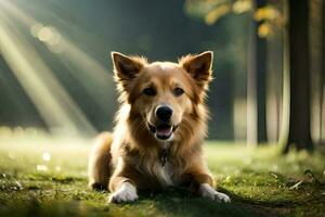 un' cane posa su il erba nel il sole. ai-generato foto