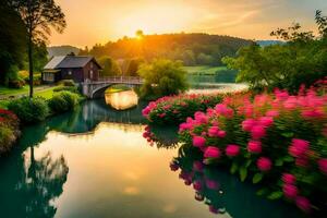 il sole sorge al di sopra di il fiume e il ponte nel il sfondo. ai-generato foto