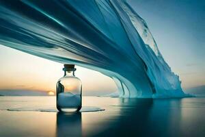 un' bottiglia di acqua si siede su il riva di un iceberg. ai-generato foto