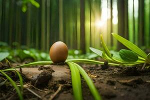 un uovo è seduta su il terra nel un' bambù foresta. ai-generato foto