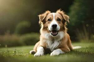 un' cane seduta nel il erba. ai-generato foto