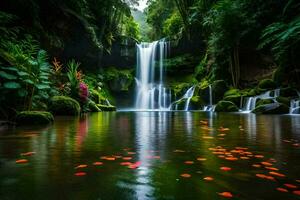 cascata nel il giungla con rosso fiori. ai-generato foto