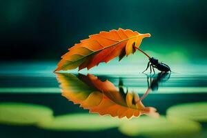 un' scarafaggio è seduta su un' foglia nel il acqua. ai-generato foto