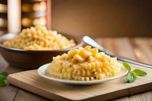 maccheroni con formaggio e Mela salsa su un' di legno tavolo. ai-generato foto