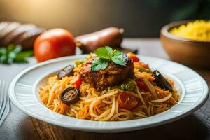 spaghetti con carne e verdure nel un' bianca piatto. ai-generato foto