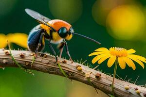 un' ape si siede su un' ramo con giallo fiori. ai-generato foto