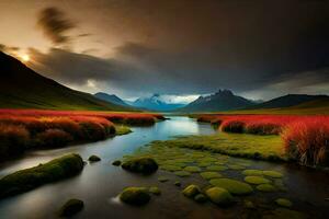 un' fiume corre attraverso un' campo con rosso erba e montagne. ai-generato foto