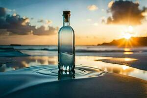 un' bottiglia di acqua si siede su il spiaggia a tramonto. ai-generato foto