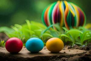 tre colorato Pasqua uova siamo seduta su il terra. ai-generato foto