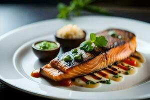 un' piatto di salmone con salsa e contorno. ai-generato foto