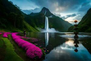 sfondi, il cielo, acqua, cascata, fiori, montagne, cascate, fiori,. ai-generato foto