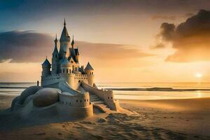 un' sabbia castello su il spiaggia a tramonto. ai-generato foto