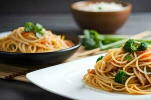 un' piatto di spaghetti con broccoli e carne. ai-generato foto