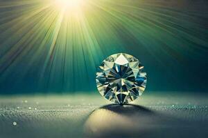 un' diamante su un' tavolo con luce del sole splendente attraverso esso. ai-generato foto