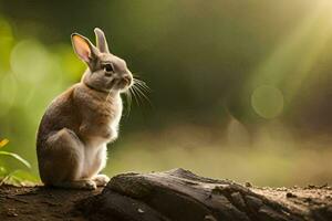 un' coniglio seduta su un' log nel il sole. ai-generato foto